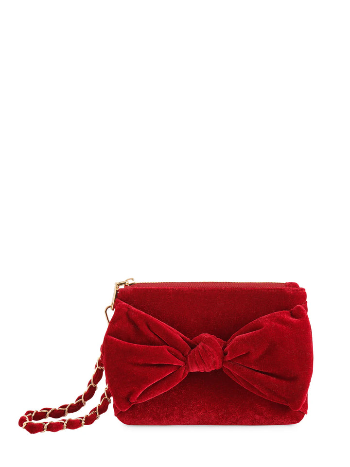 Bea Velvet Bow Wristlet Bag in Crimson Red