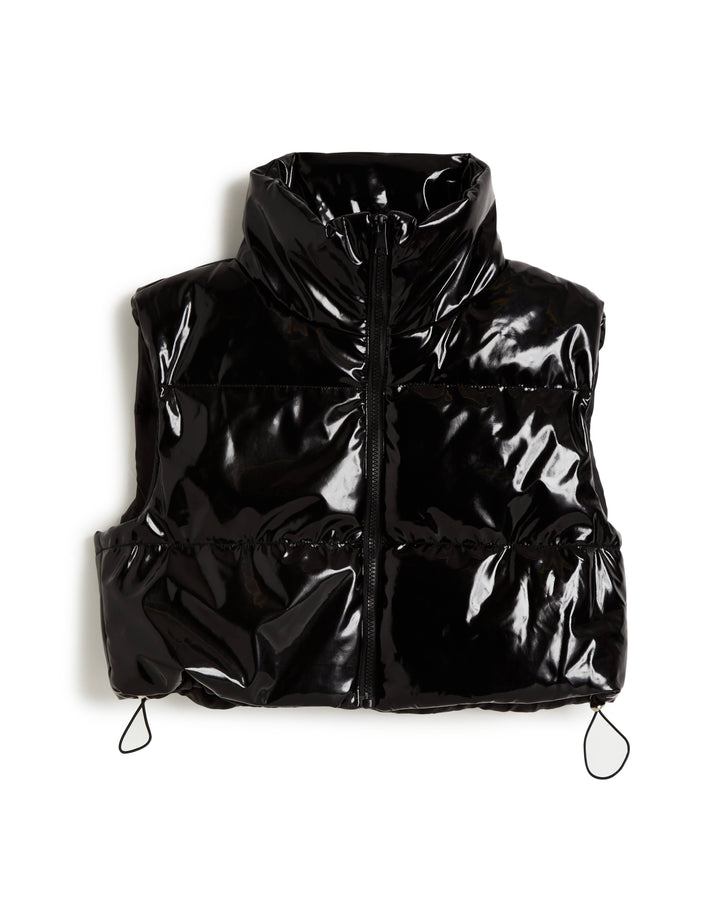 Girls Cropped Black Shiny Puffer Vest