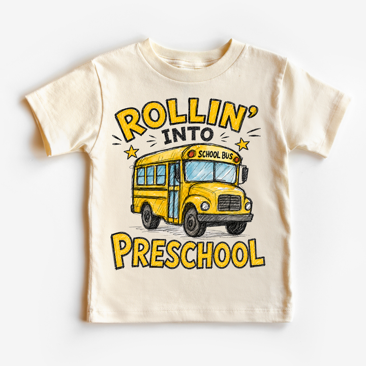 Rollin’ Into Preschool School Bus Kids Graphic Tee for Boys and Girls