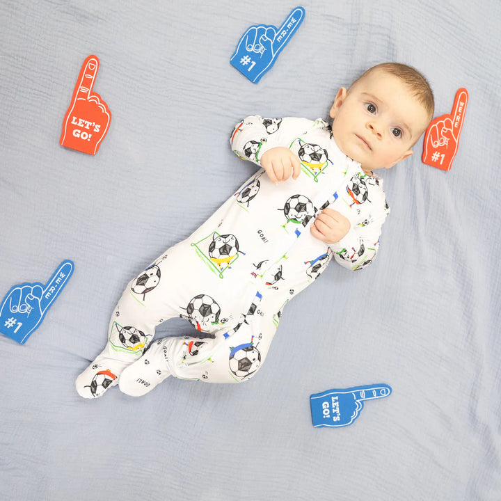 soccer baby footie in bamboo