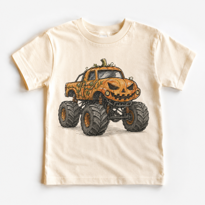 Kids Halloween graphic tee with pumpkin monster truck design