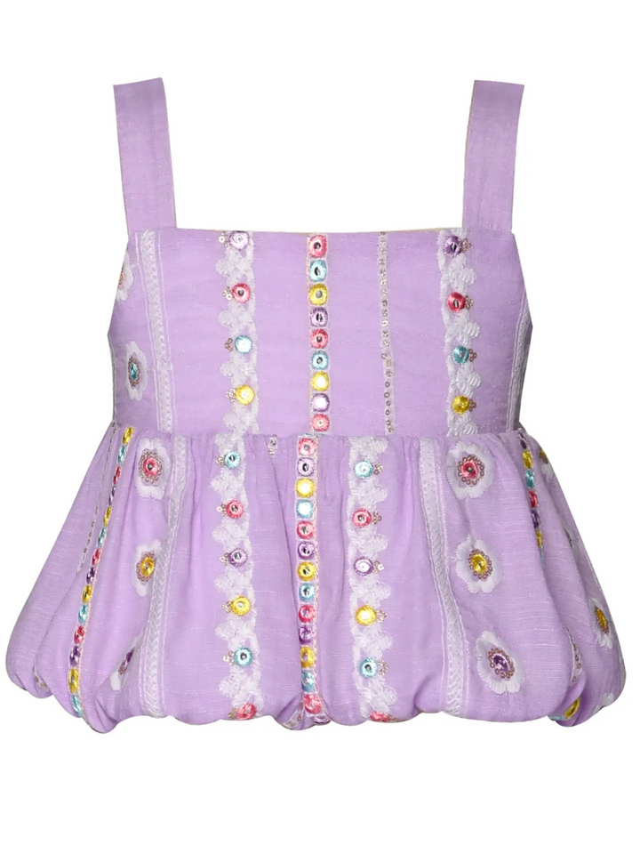 Purple Bubble Hem Tank Top Embroidered & Mirror Detail
