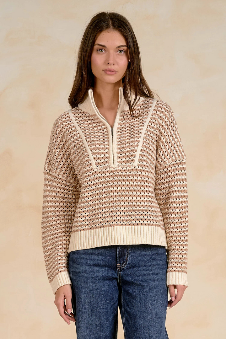 Elan Blair 1/4 Zip Sweater in Cream & Tan