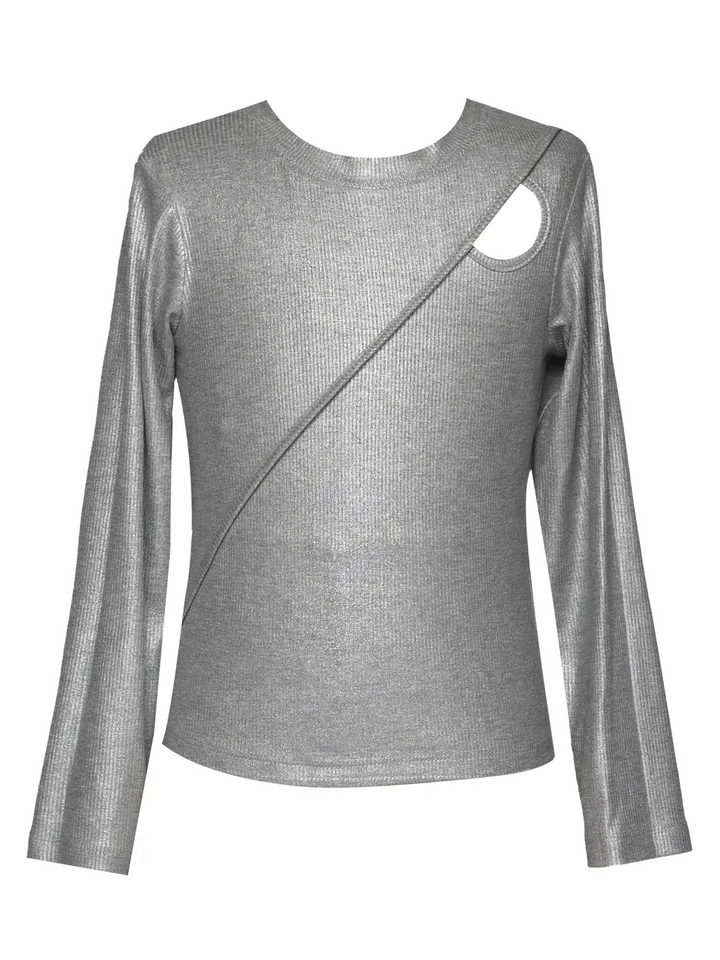 Silver Asymmetrical Shoulder Cut Out Top