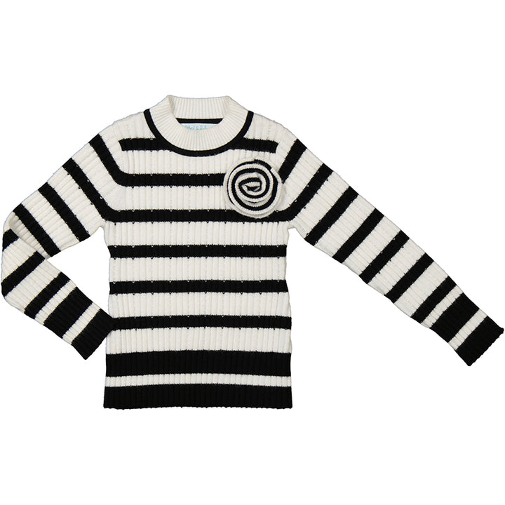 Knit Black Stripe Flower Sweater