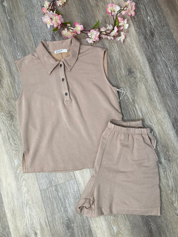 Softest Fleece Snap Polo Tank in Almond