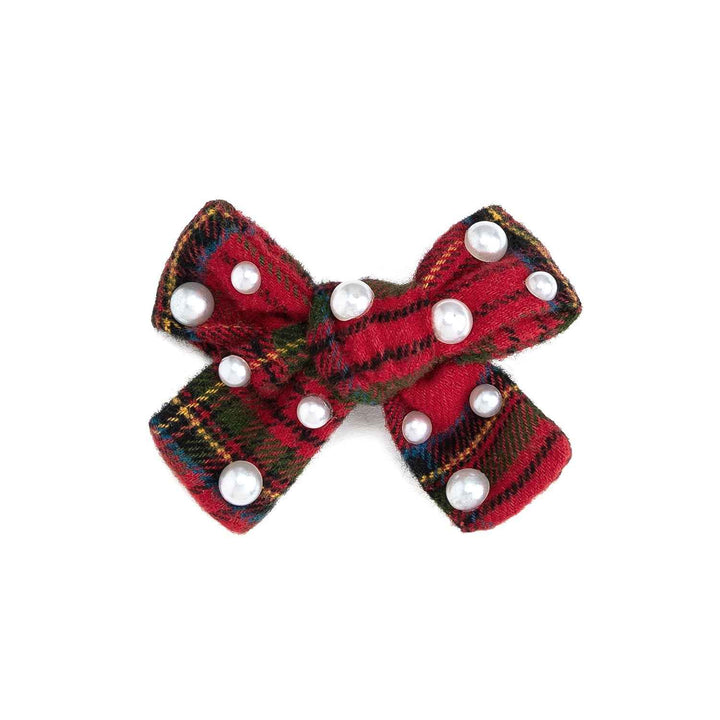 Sweet Wink Christmas Tartan Pearl Bow Clip in Red Plaid