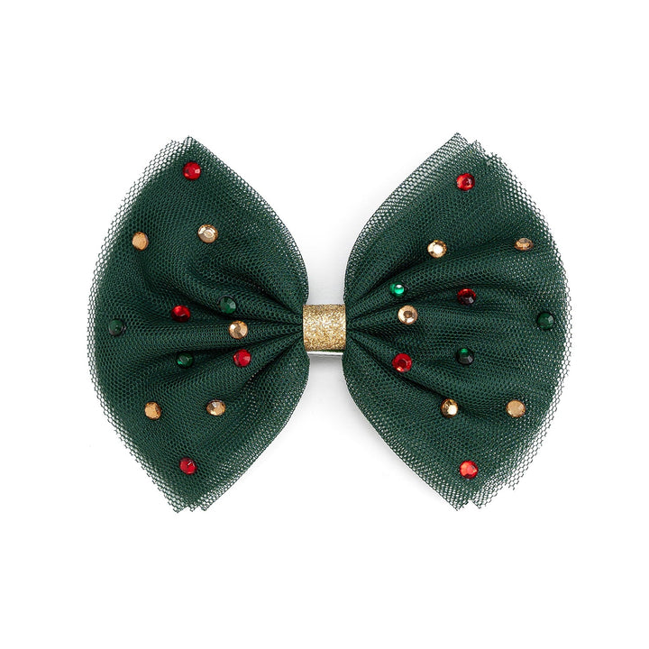 Sweet Wink Emerald Rhinestone Christmas Tulle Bow Clip in Emerald Green