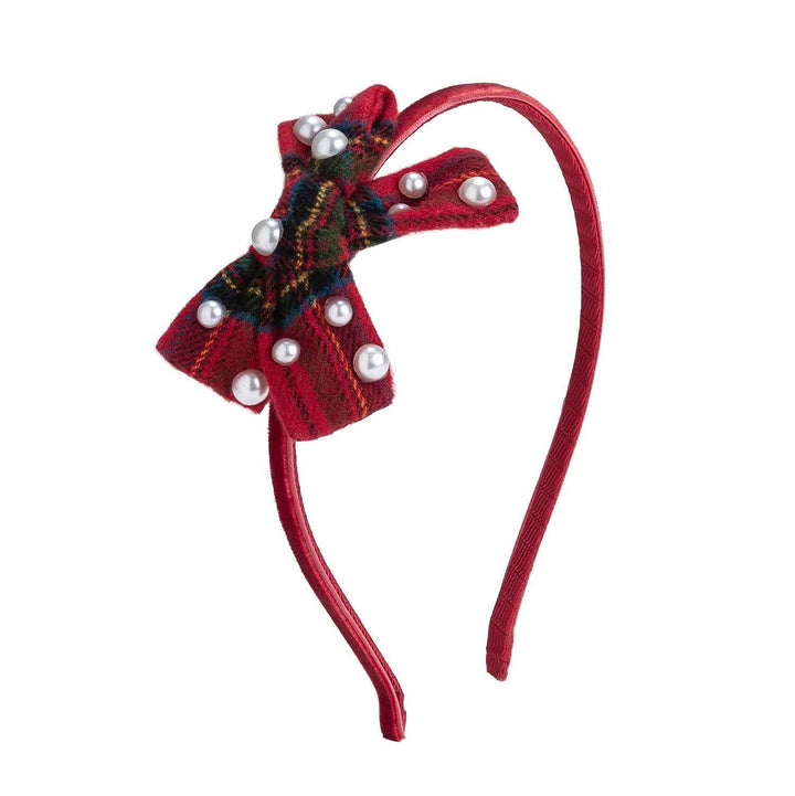 Sweet Wink Christmas Tartan Pearl Bow Headband in Red Plaid
