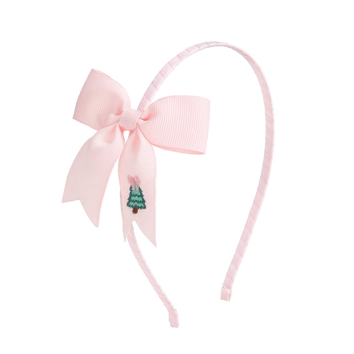 Sweet Wink Christmas Tree Embroidered Bow Headband in Light Pink