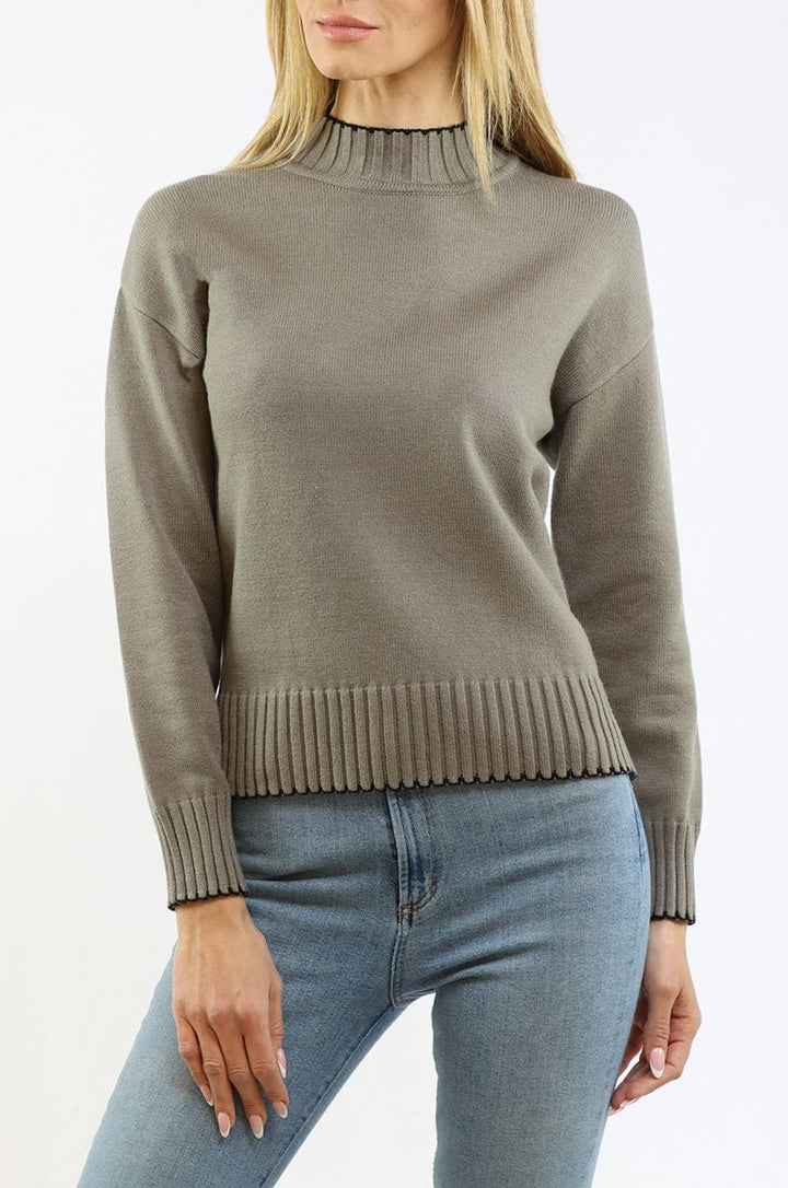 Metric Knits Scallop-Trim Mock Neck Sweater - Sundried Olive/Black, front view showing contrasting scalloped trim