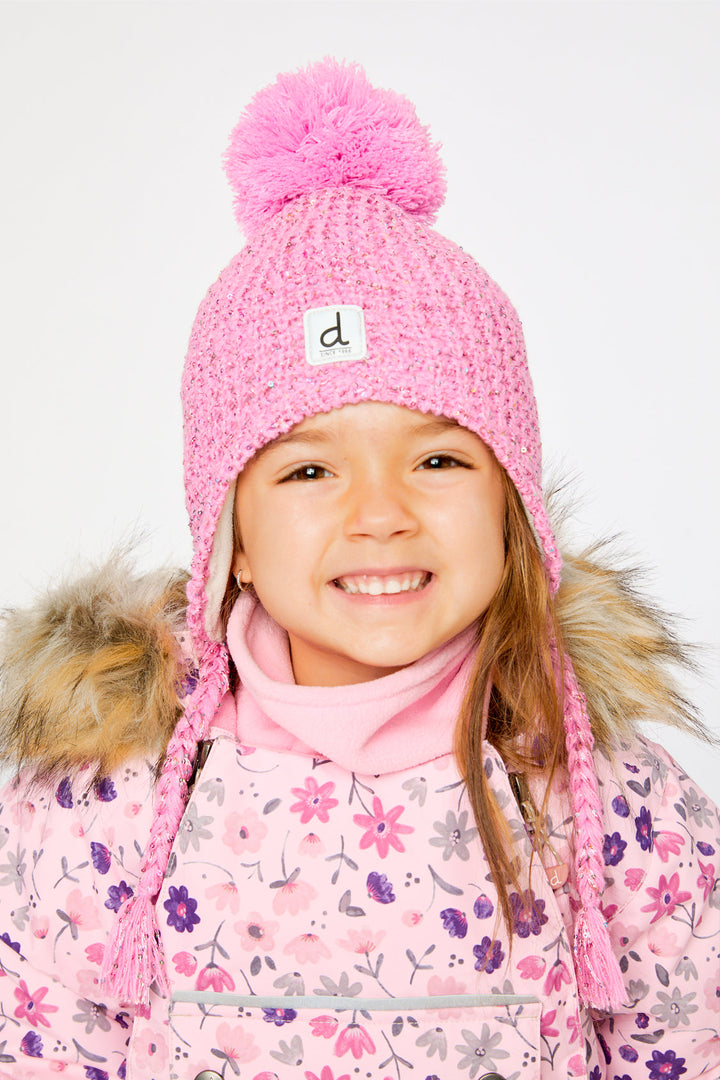 Deux Par Deux winter peruvian knit hat with pompom pink multicolored details — styled view