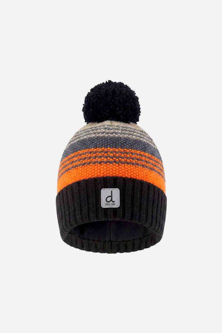 Deux Par Deux Winter Knit Pompom Hat Grey and Orange Stripes