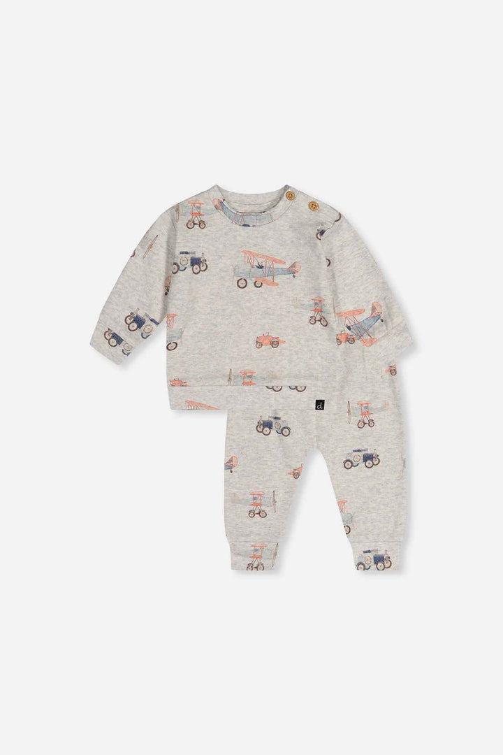 Deux Par Deux Organic Cotton Pants And Top Set Beige Printed Airplanes