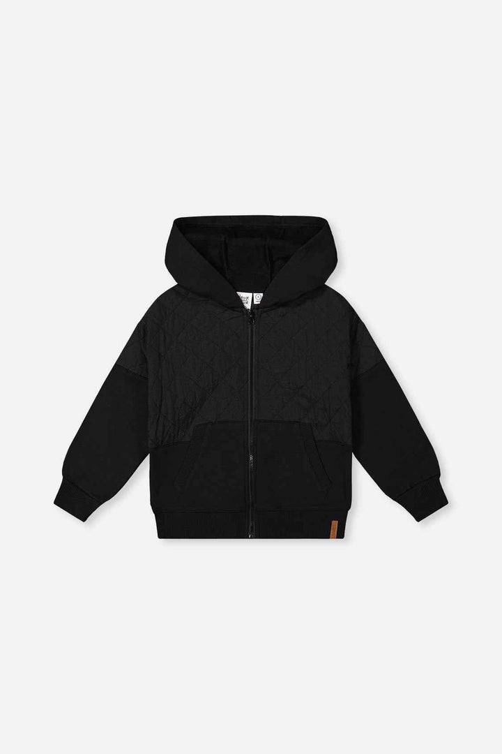 Deux Par Deux Full Zip Hooded Bi-Material Cardigan Black