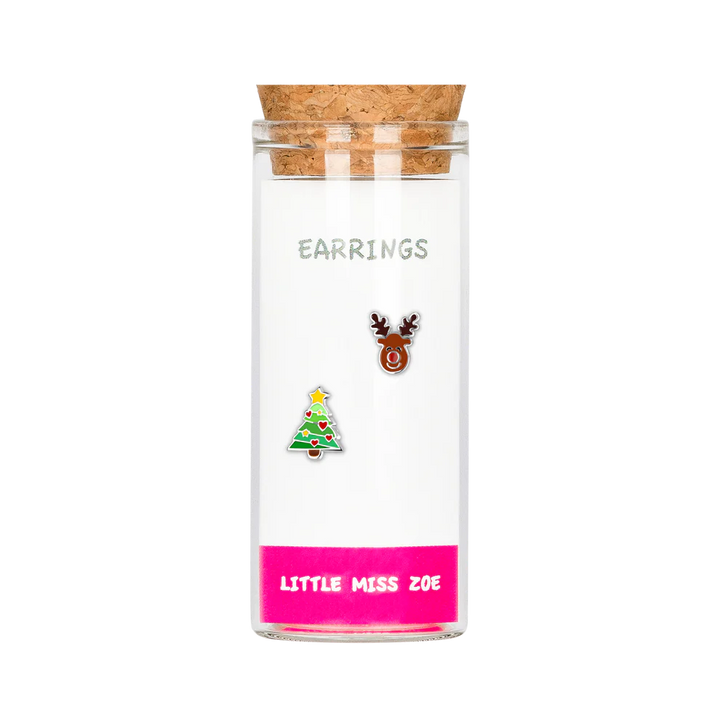 LMZ Christmas Reindeer Tree Stud Earrings in Glass Bottle