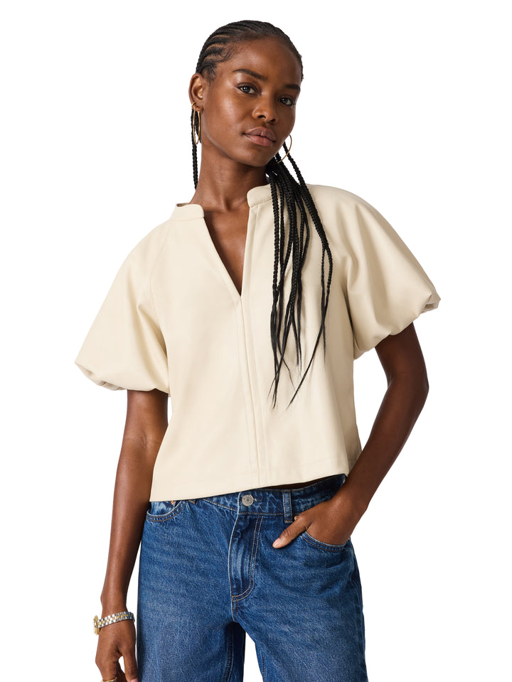 Cecila Puff Sleeve Faux Leather Top in Bone