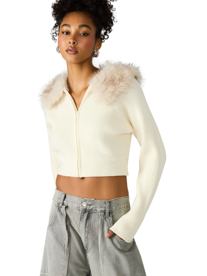 Lysia Faux Fur Collar Long Sleeve Sweater Jacket