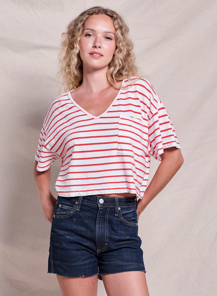 Crop V Neck Pocket Tee in Red Stripe