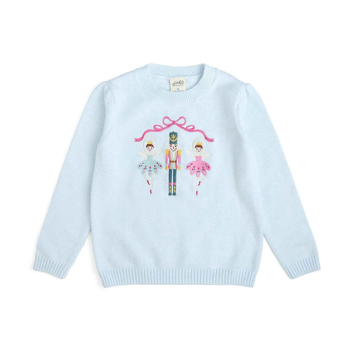 Sweet Wink Nutcracker Embroidered Christmas Sweater in Pastel Blue