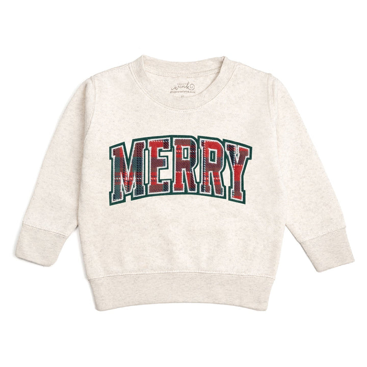 Sweet Wink Merry Tartan Patch Christmas Sweatshirt in Natural Heather