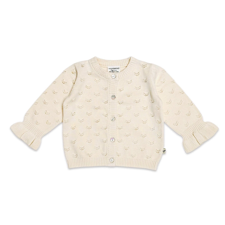 Milan Pointelle Knit Ruffle Cardigan in Ivory