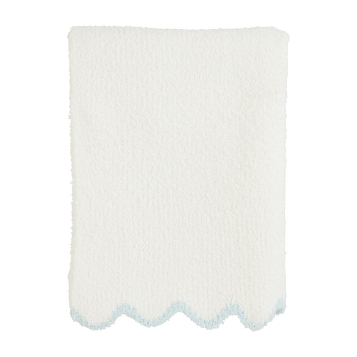 White With Blue Trim Scallop Chenille Blanket