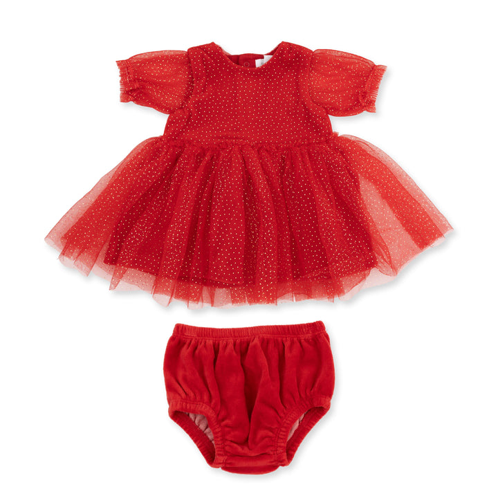 Angel Dear Velour Holiday Red Puff Sleeve Dress with Tulle Overlay and Bloomer (up to 4T) - 1