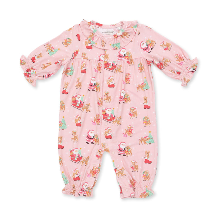 Angel Dear Vintage Reindeer & Santa Pink Long Sleeve Ruffle Collar Romper - 1