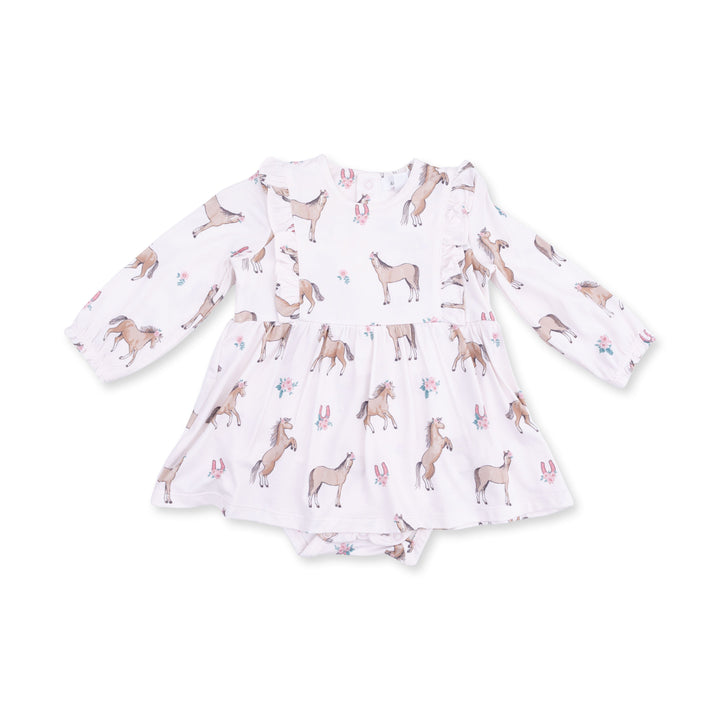 Angel Dear I Love Horses Long Sleeve Ruffle Bodysuit Dress - 1