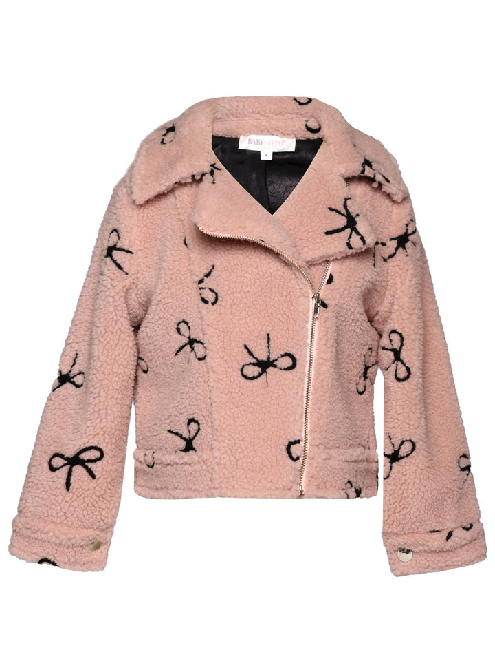 Baby Sara dusty pink sherpa jacket with black embroidered bows, front view