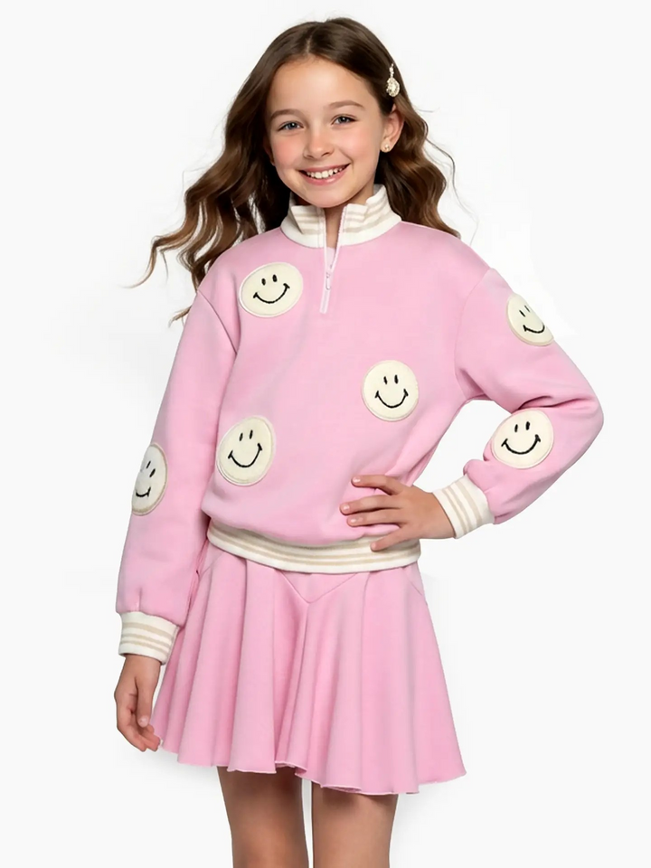 Smiley Front Zip Sweatshirt & Skirt Set