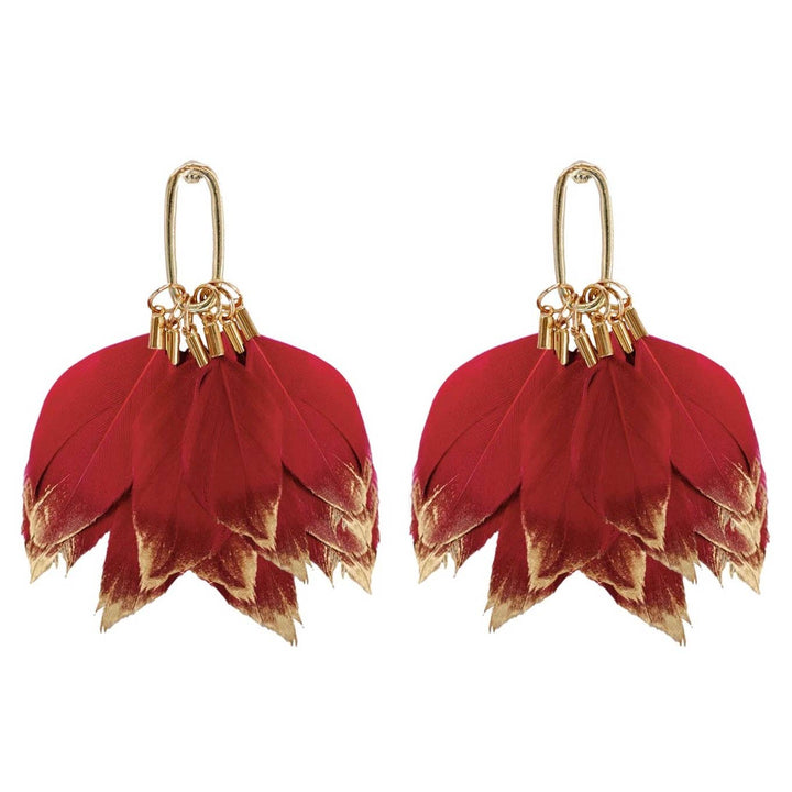 STA Garnet Gold Dipped Fall Feather Statement Earrings