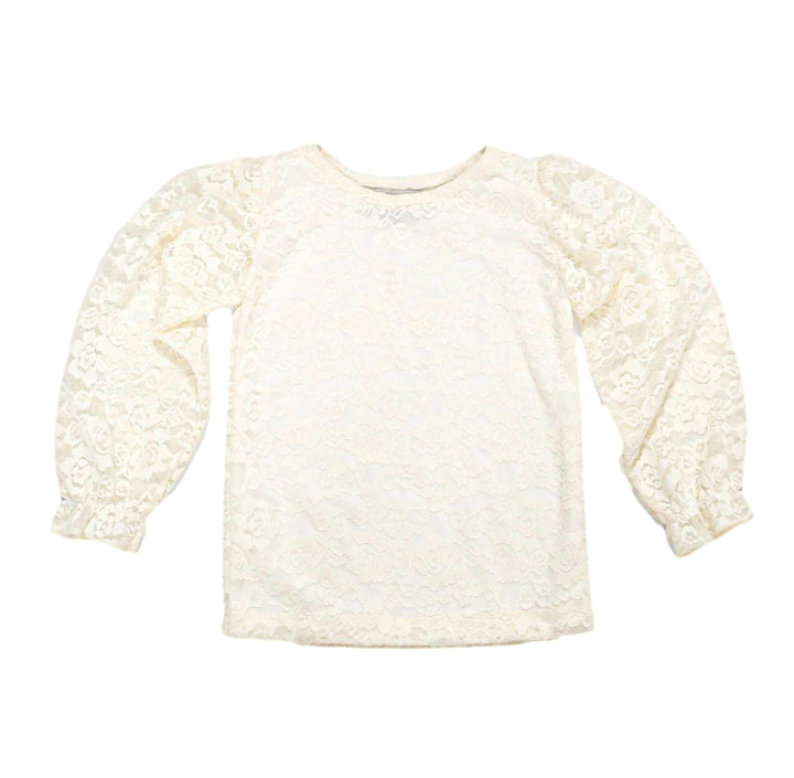 Be Girl Clothing Puffy Lace Top in Champagne with floral lace and puff sleeves