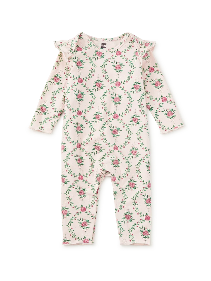 Wallpaper Print Rose Ruffle Shoulder Romper