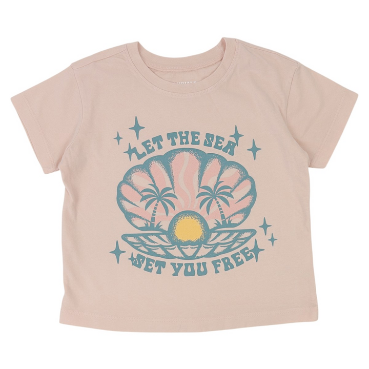 Beige t-shirt with a shell graphic and text on a white background seashells beach