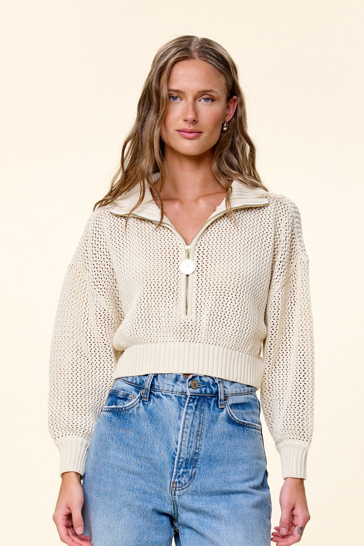 Cleobella Tori Sweater in Ivory, front view showing open knit and half-zip collar; jeans sold separately