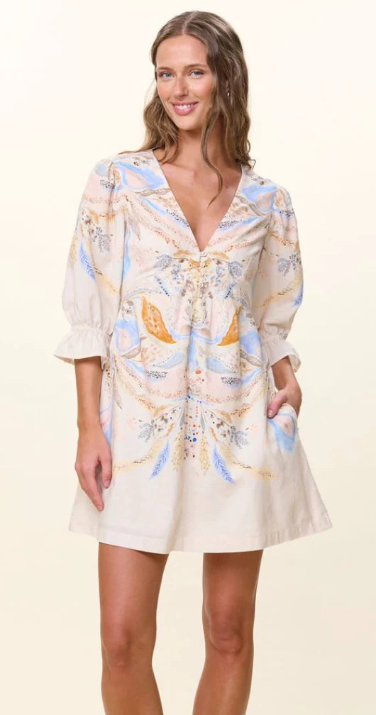 Cleobella Yasmin Mini Dress in Goleta Print, front view showing V-neck and three-quarter sleeves