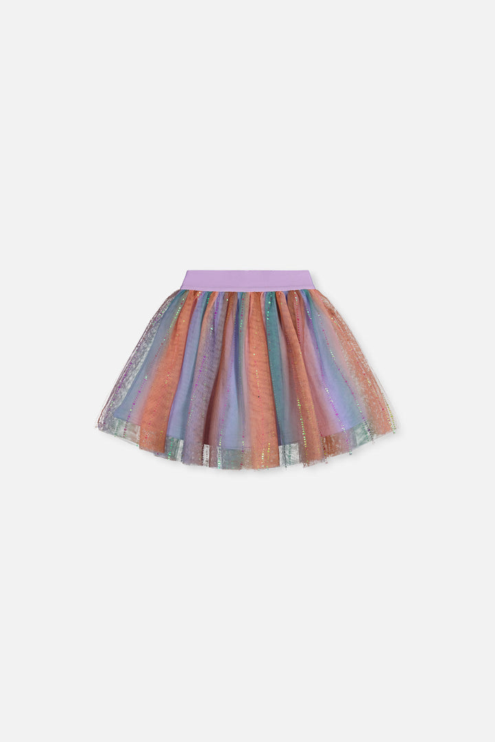 Deux Par Deux multicolor gradient mesh skirt in lavender, pink and coral, front view