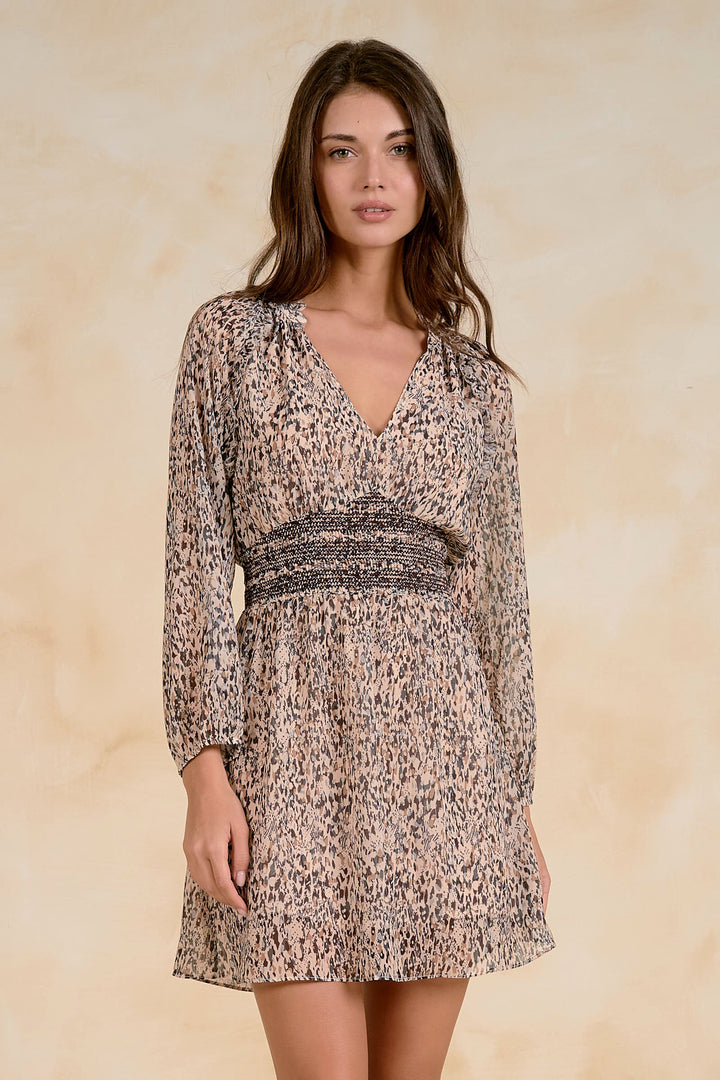 ELAN Brown Fall Print Dress, style CFP50499 in Brown Lia, front view