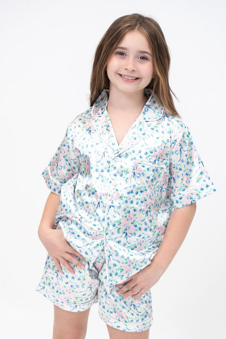 Floral Ribbon Blue Satin Printed PJ Set