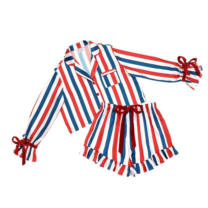 Short Ruffled PJ Set with Velvet Tie - Red, White + Blue Stripe