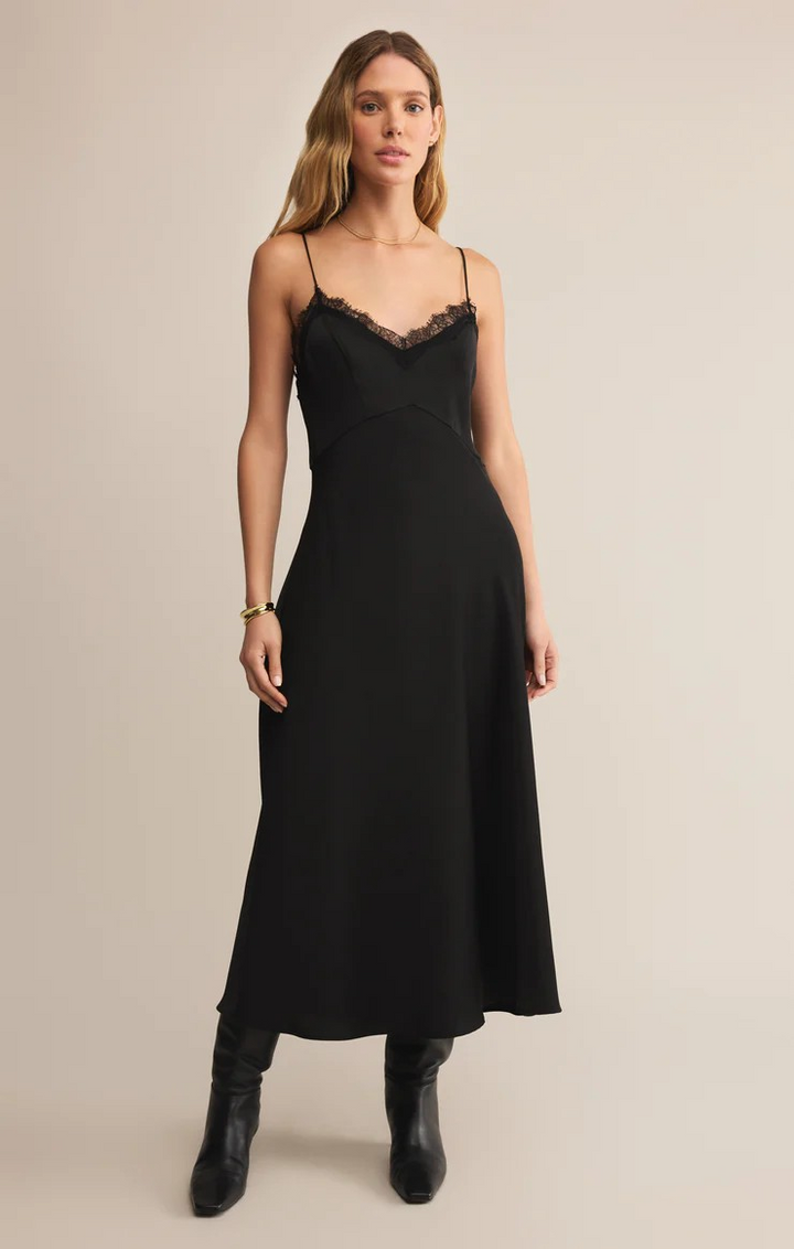 After Hours Luxe Satin Midi Dress in Black
