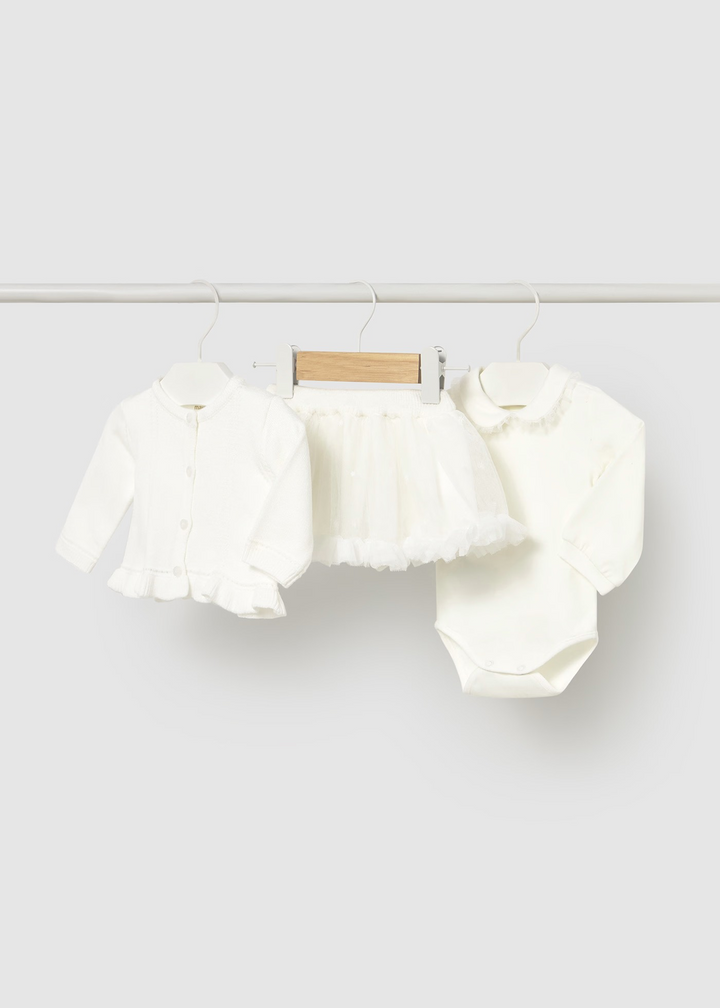 Cream 3 PC Set with Cardigan & Tutu Skirt
