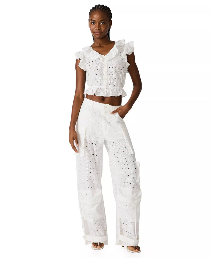 Mayra Eyelet Ruffled V-Neck Top in White