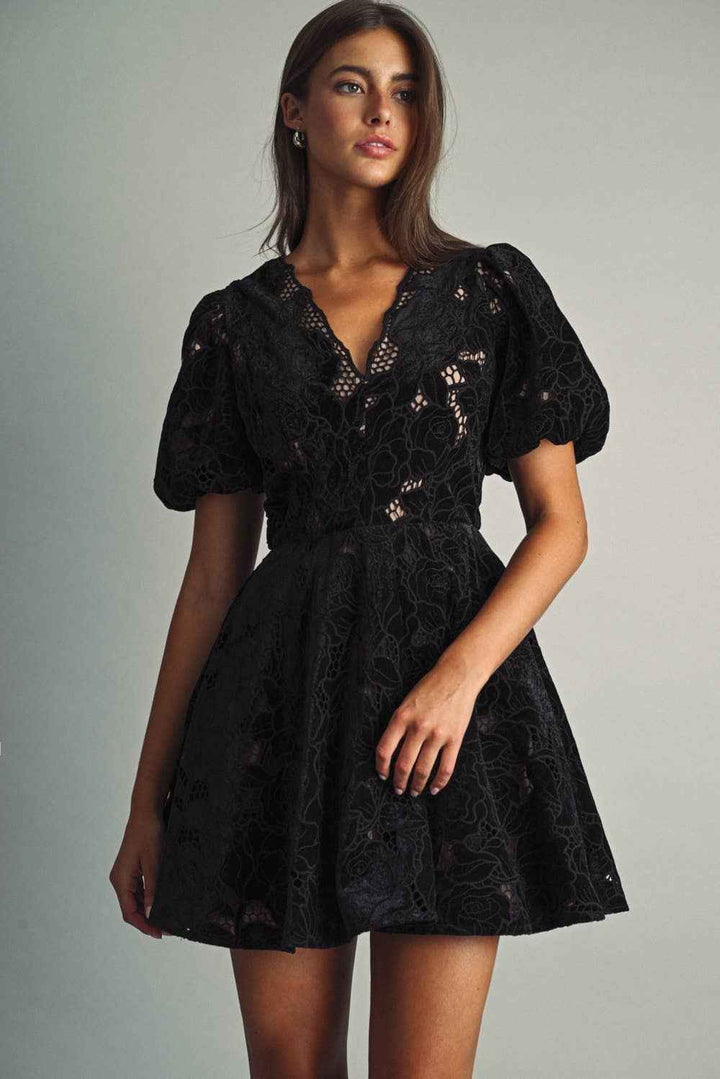 Miou Muse Black Velvet Flocked Lace Cutout Skater Dress