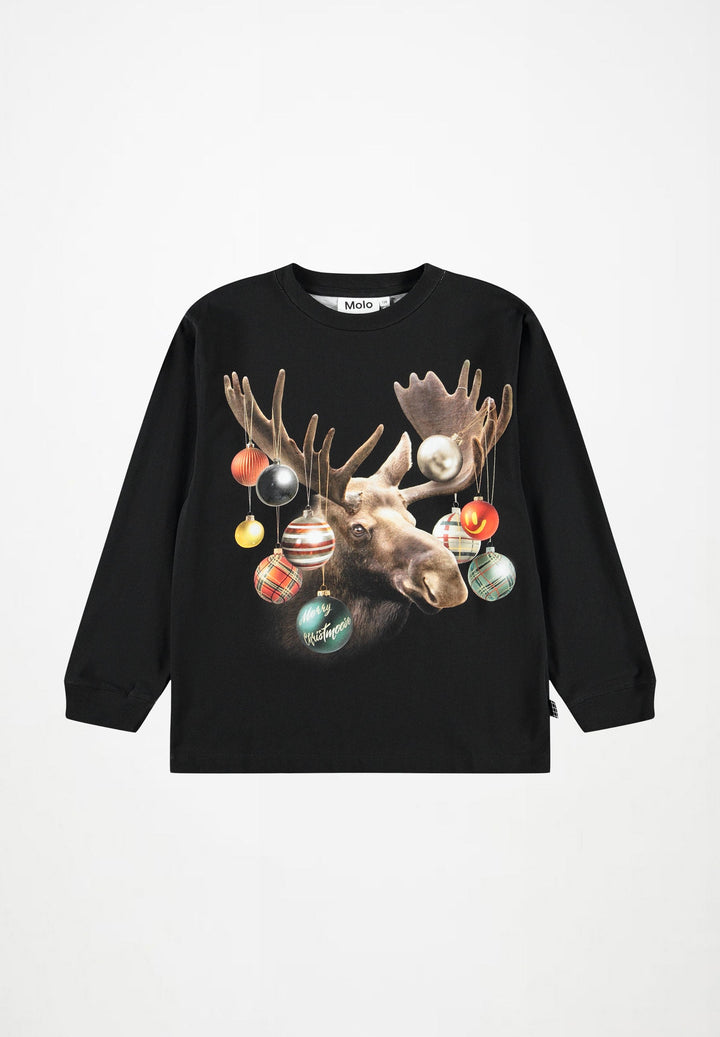 Molo Rube Christmoose black long-sleeve shirt with a moose and Christmas ornaments, front view