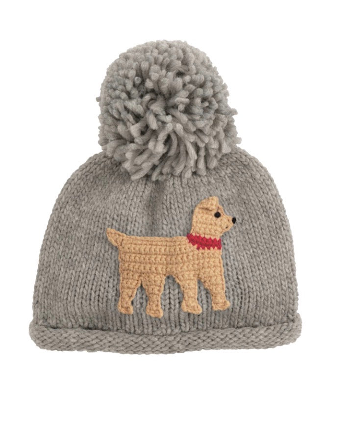 Mud Pie gray Dog Knit Hat with crochet dog appliqué and gray yarn pom-pom
