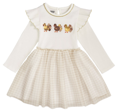 Mud Pie ivory Turkey Sequin Dress with ruffle shoulders and tutu skirt