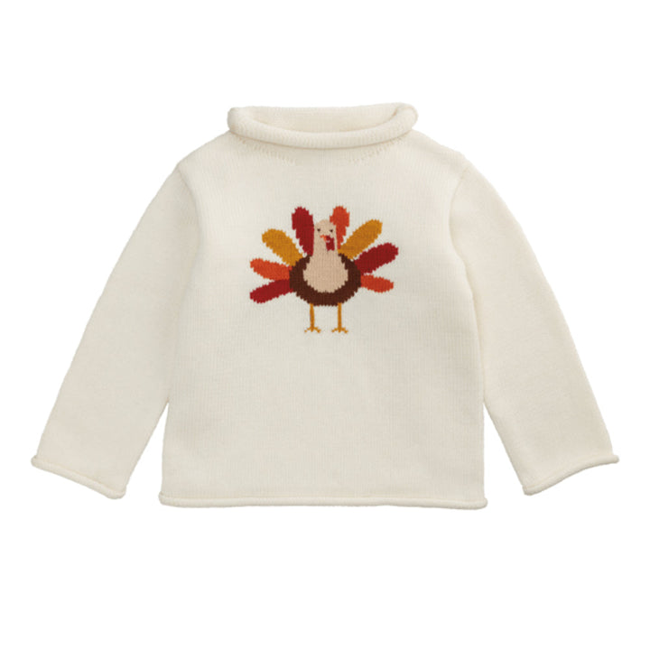 Mud Pie ivory Turkey Rollneck Sweater with colorful turkey motif